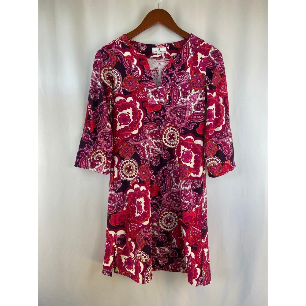 EUC Jude Connally XS Shift Dress Pink Purple Made in USA Stretch Pattern Paisley